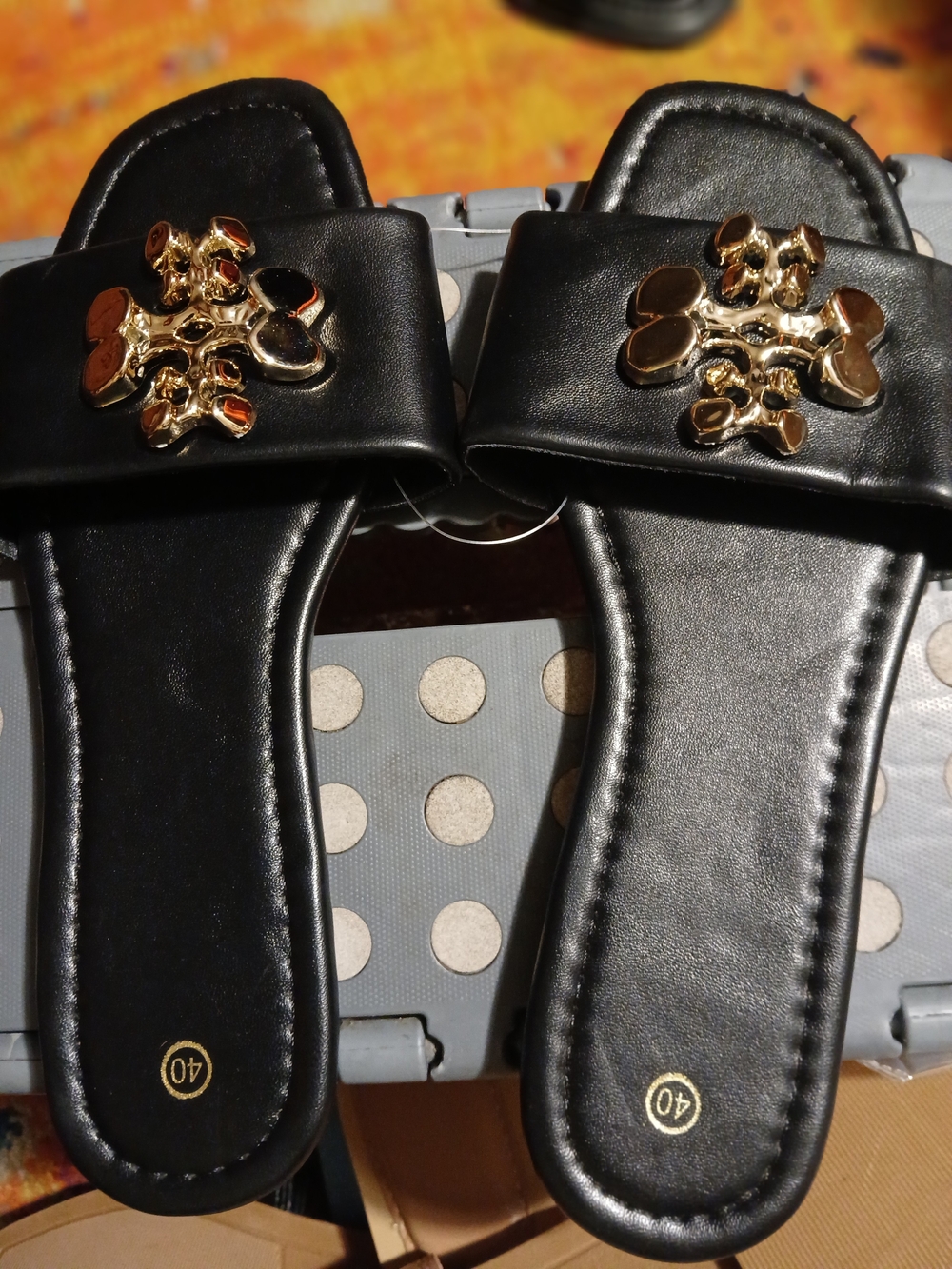 & Other Stories Black Slide Sandals with Gold Medallion